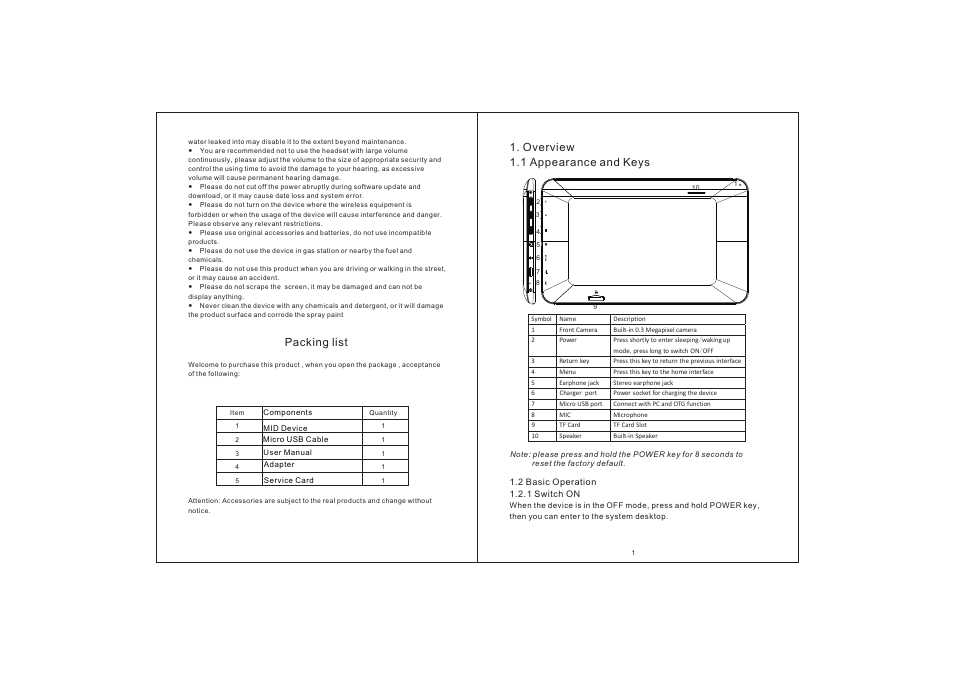 1 overview 1.1 appearance and keys, Packing list | Envizen V700NA User Manual | Page 3 / 8