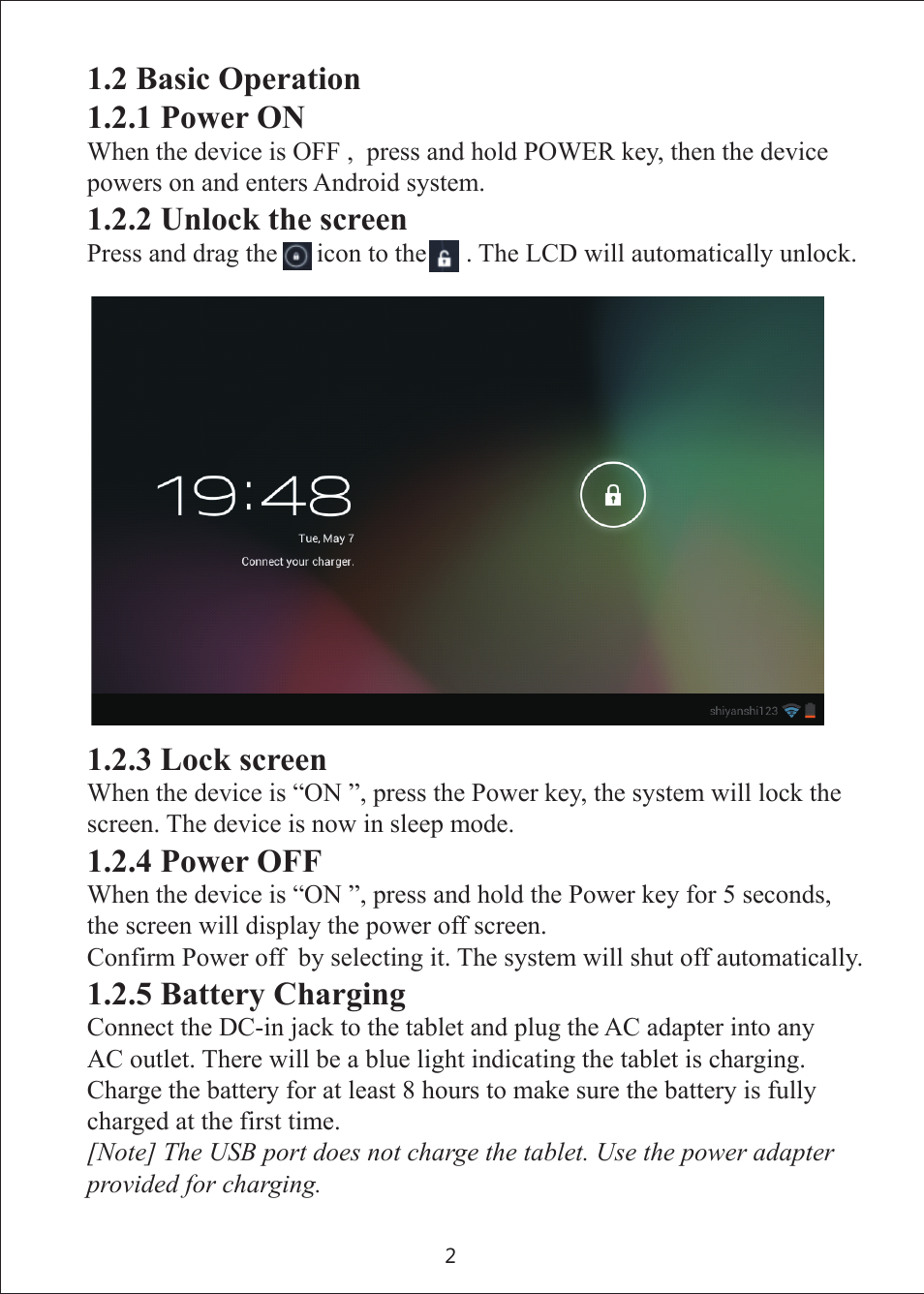 2 basic operation 1.2.1 power on, 2 unlock the screen, 3 lock screen | 4 power off, 5 battery charging | Envizen V7023D User Manual | Page 6 / 19