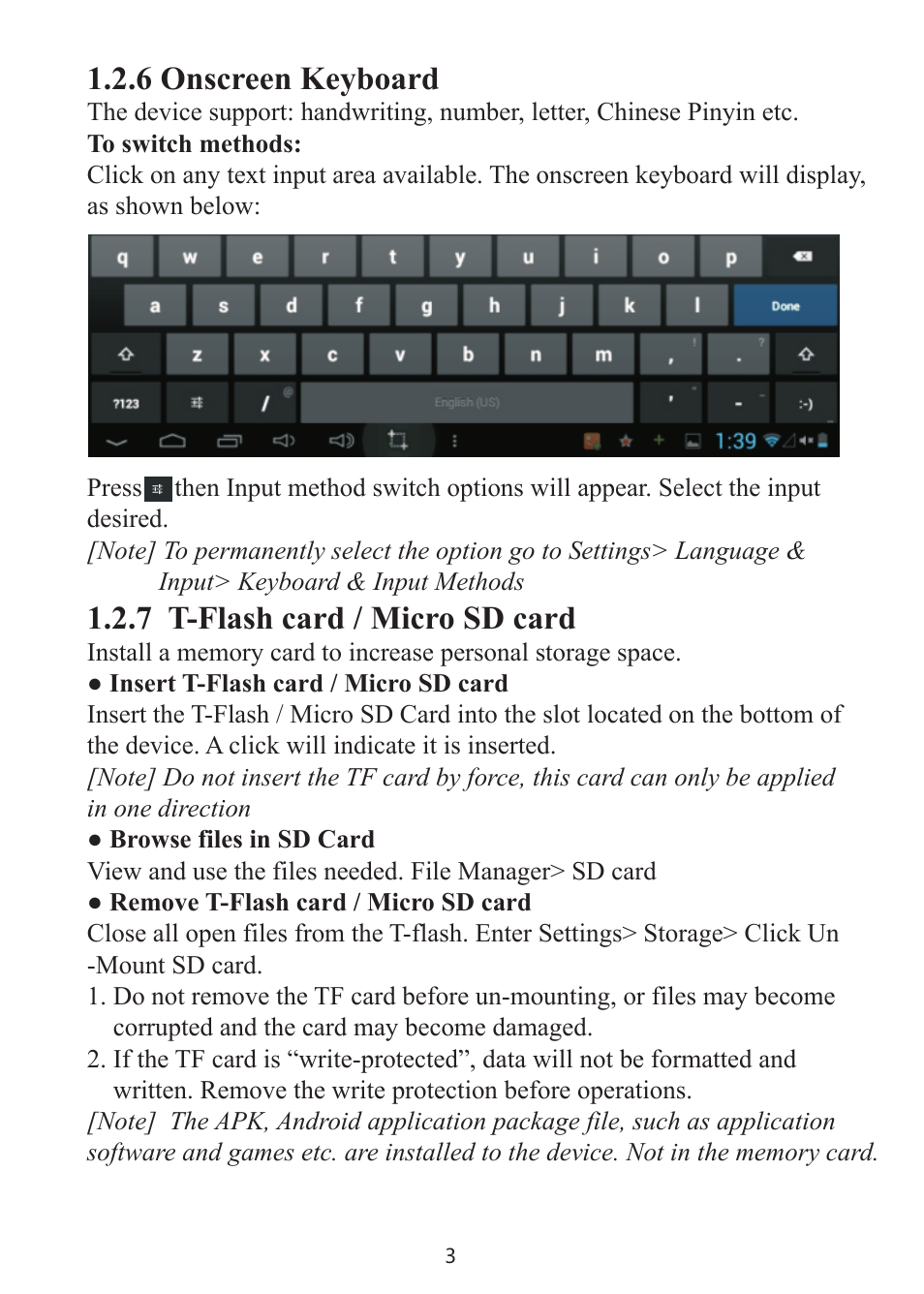 6 onscreen keyboard, 7 t-flash card / micro sd card | Envizen V7023D User Manual | Page 7 / 19