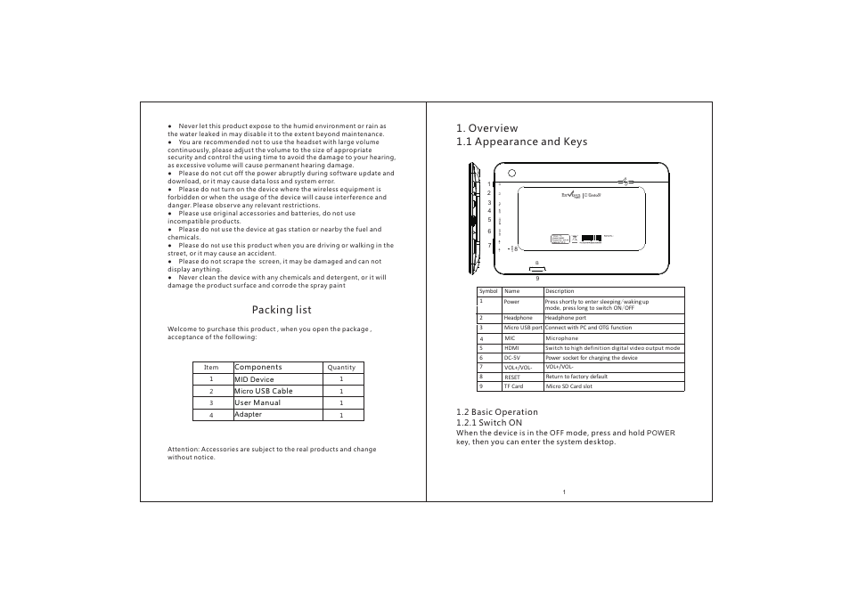1 overview 1.1 appearance and keys, Packing list | Envizen EM63 User Manual | Page 3 / 9