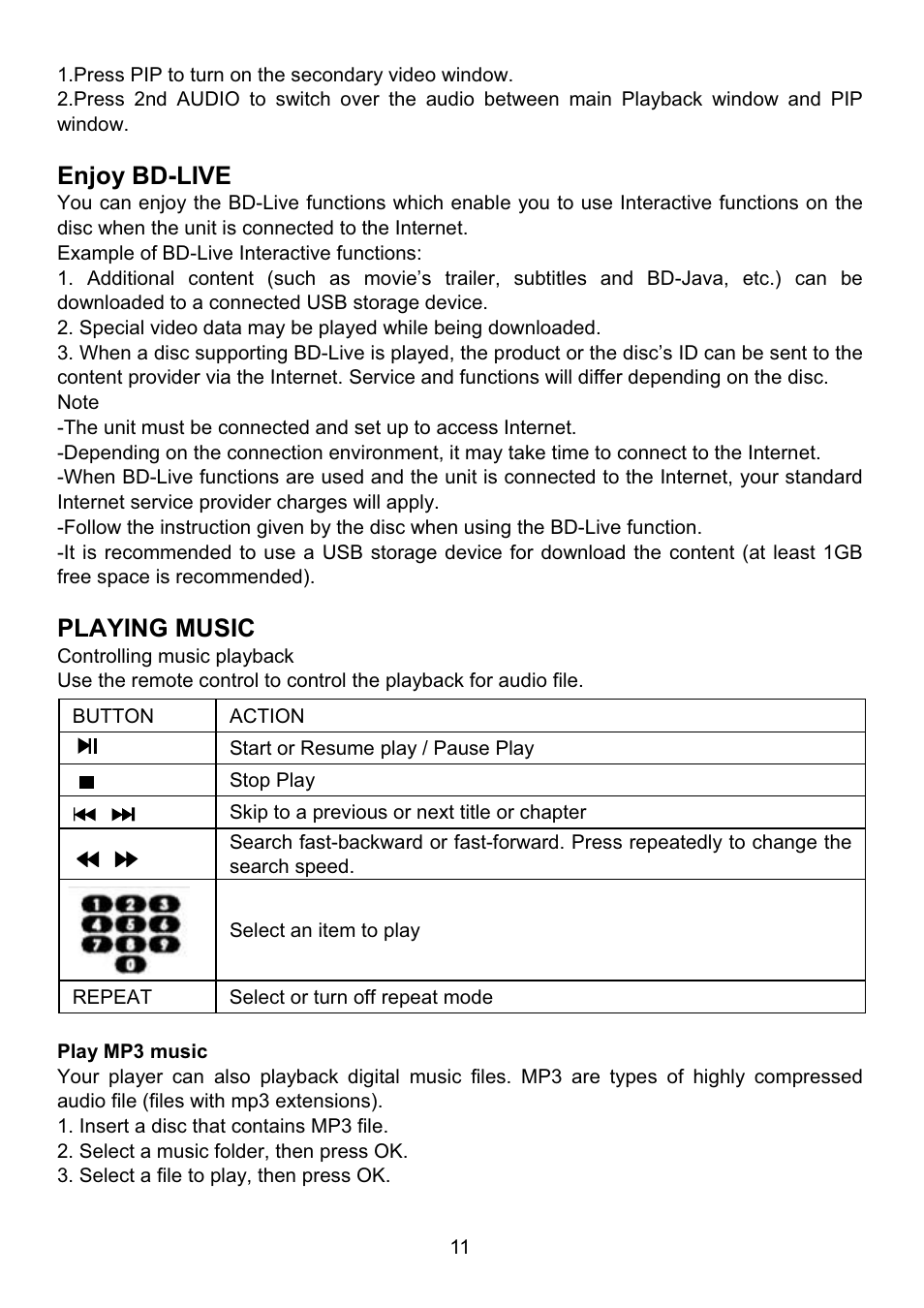 Enjoy bd-live, Playing music | Envizen BDP-M1061 User Manual User Manual | Page 12 / 24