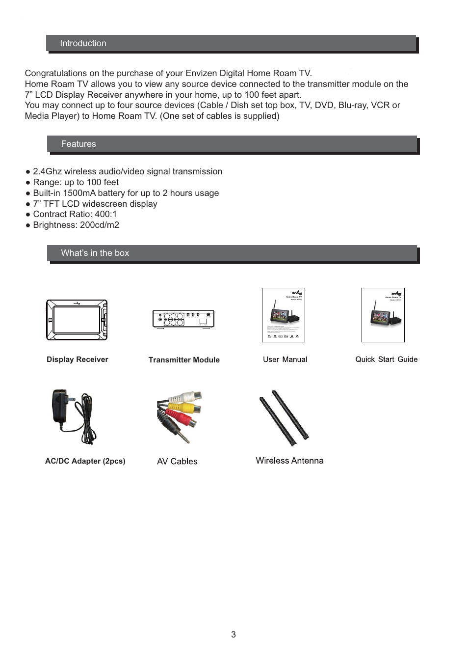 Transmitter module, Display receiver ac/dc adapter (2pcs), 100 feet wireless transmission function | Envizen HR701 User Manual | Page 5 / 15