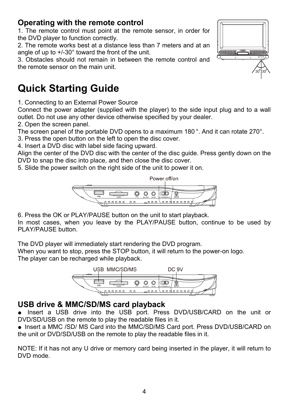 Quick starting guide, Operating with the remote control, Usb drive & mmc/sd/ms card playback | Envizen MDP1008 User Manual User Manual | Page 5 / 15