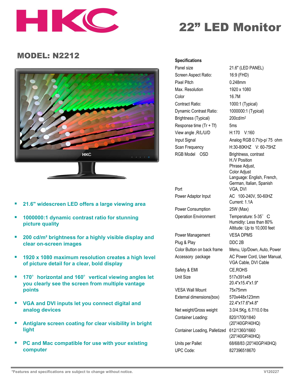 HKC N2212 User Manual | 1 page