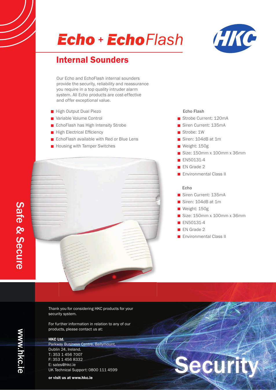 Security, Saf e & secure, Internal sounders | HKC security Internal Echo Siren w/flash User Manual | Page 2 / 2