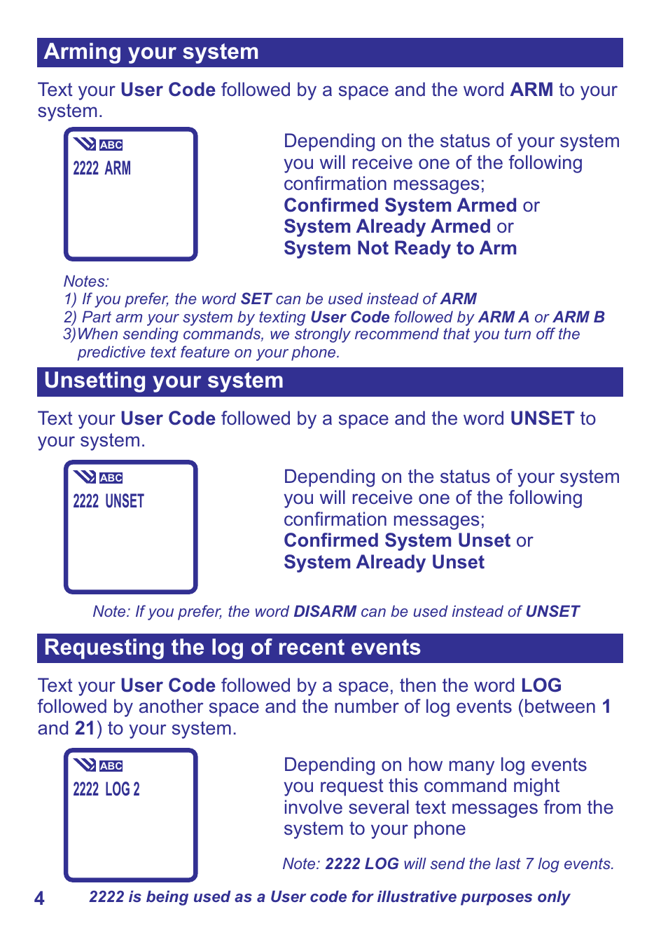 Arming your system unsetting your system, Requesting the log of recent events | HKC security GSM-P User Manual | Page 4 / 7