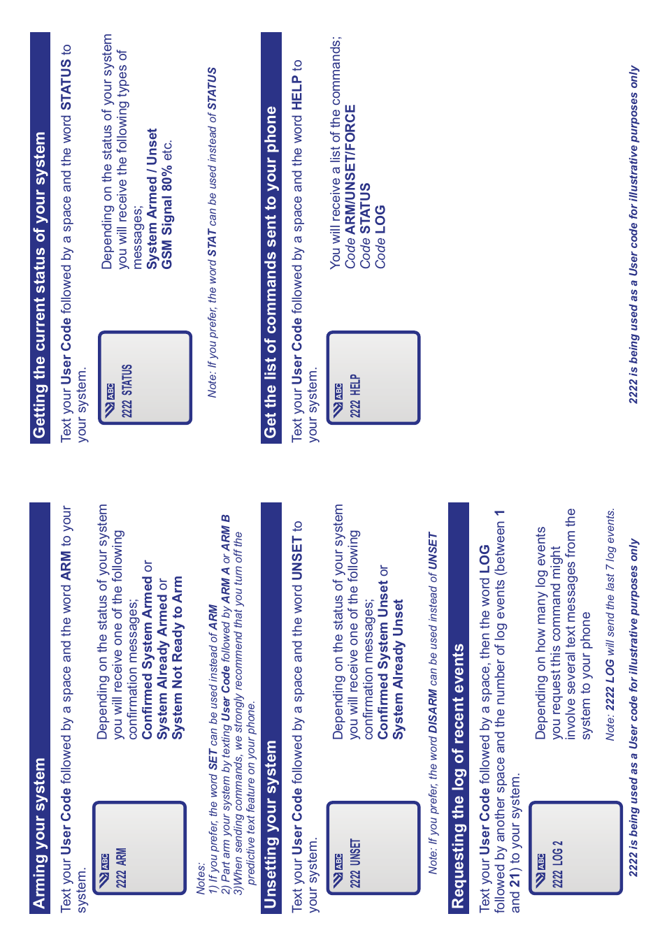 Arming your system unsetting your system, Requesting the log of recent events | HKC security GSM-Q (Plug on) User Manual | Page 2 / 2