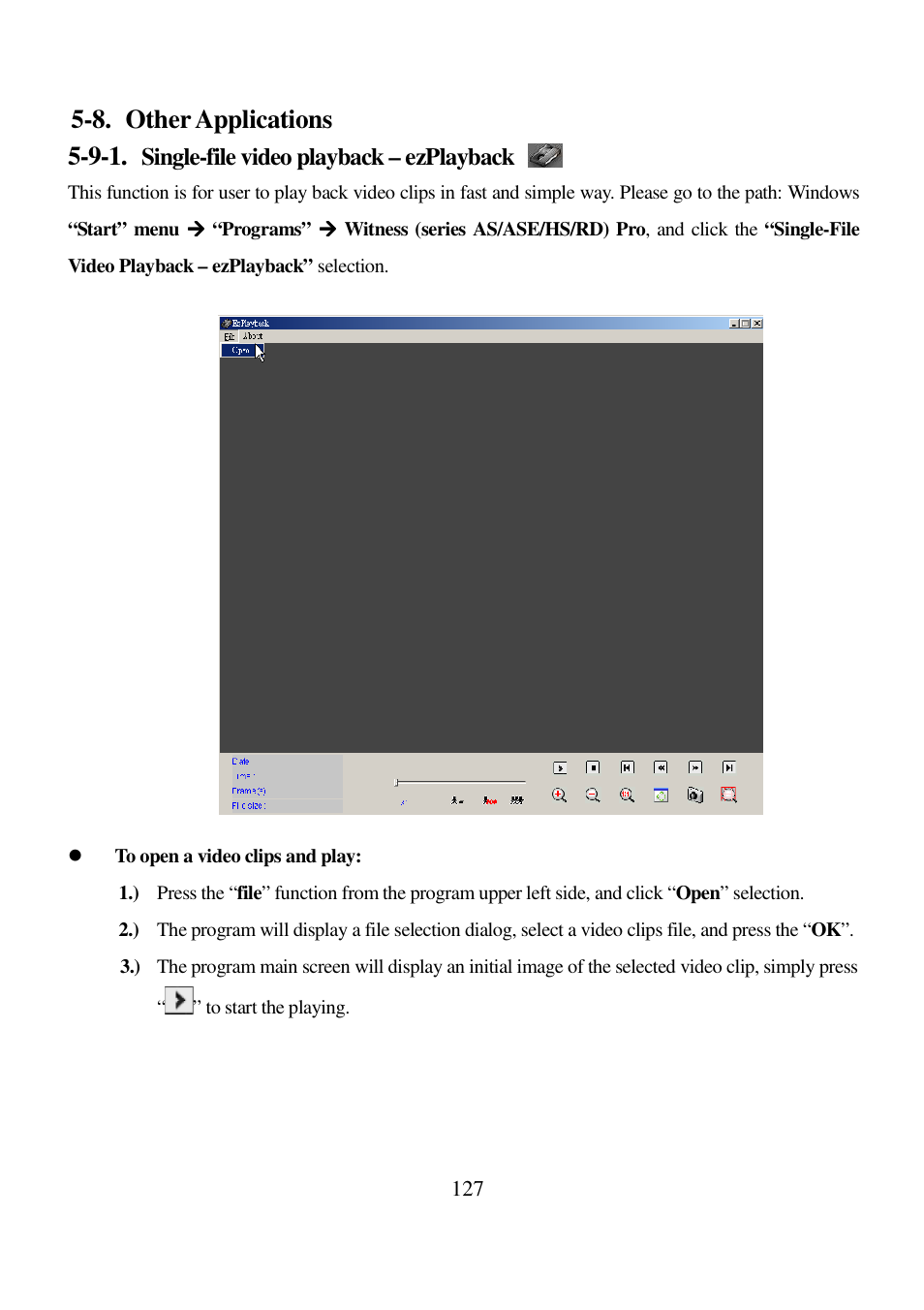 8. other applications 5-9-1, Single-file video playback – ezplayback | I-View AnyNet-0401Mini Embedded NVR User Manual | Page 127 / 169