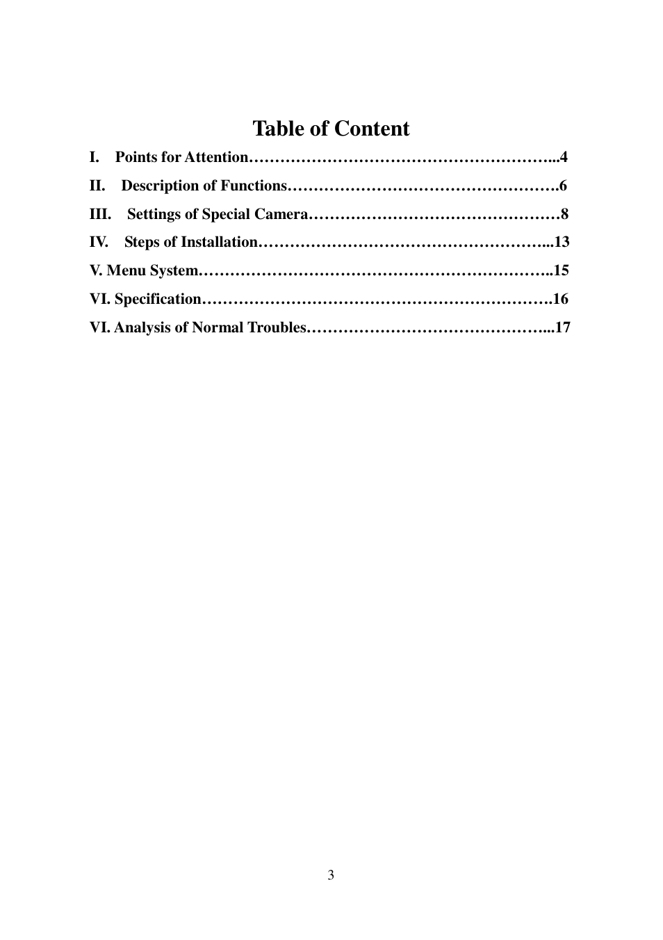 Table of content | I-View SDCI-220 Indoor Speed dome User Manual | Page 3 / 19