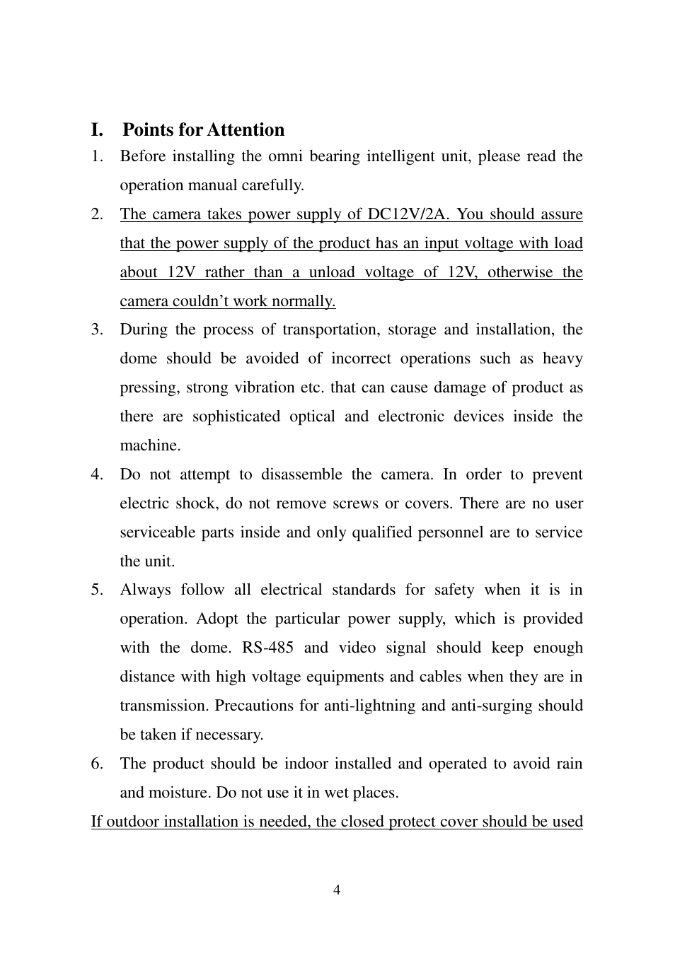 I. points for attention | I-View SDCI-220 Indoor Speed dome User Manual | Page 4 / 19