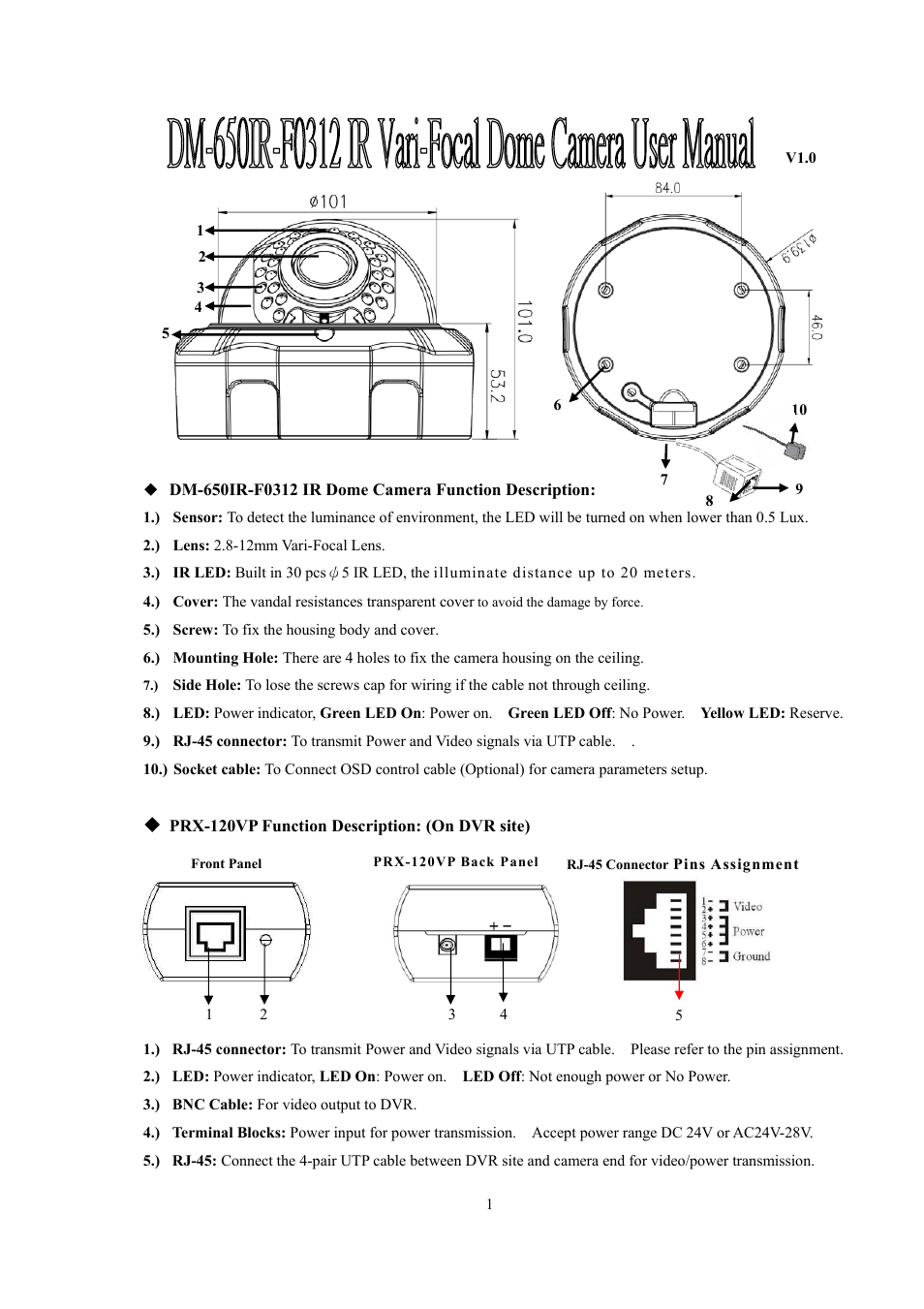 I-View DM-650IR-F0312 IR Dome Vandal Proof UTP Camera User Manual | 4 pages