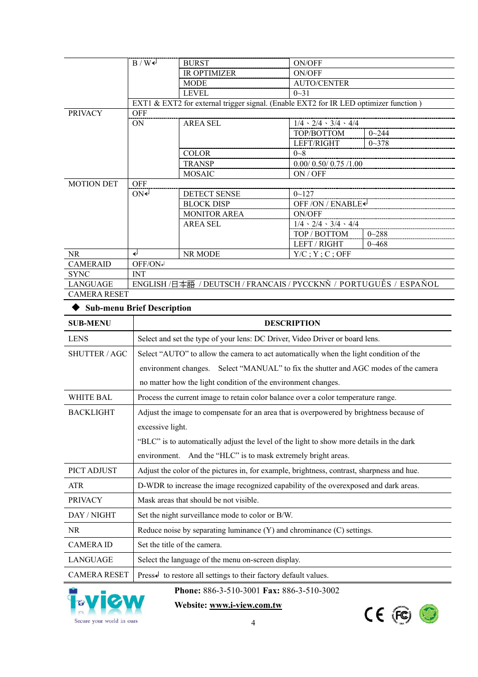 I-View DM-650IR-F0312 IR Dome Vandal Proof UTP Camera User Manual | Page 4 / 4