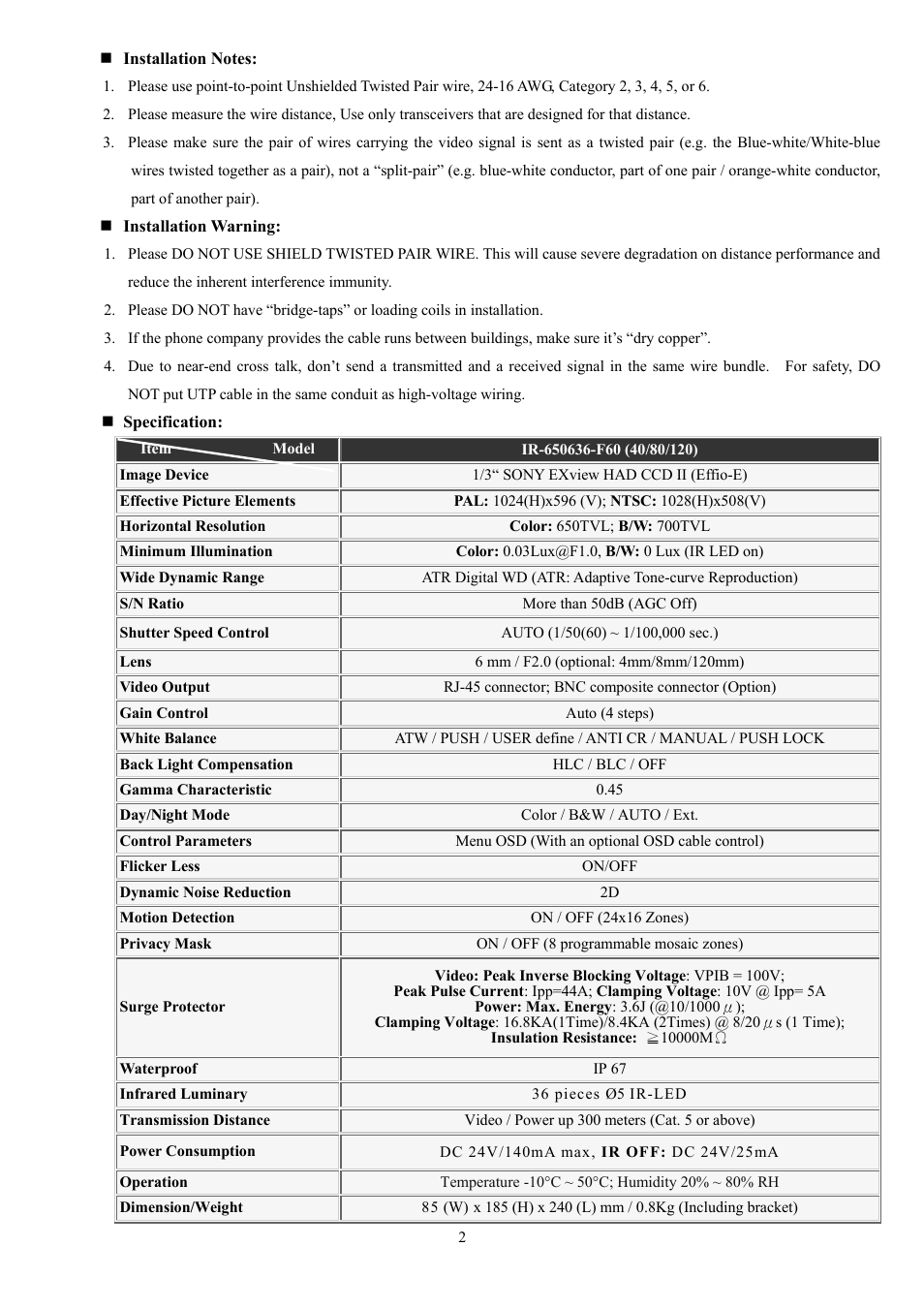 I-View IR-650636-F60 IR Bullet Waterproof UTP Camera User Manual | Page 2 / 4