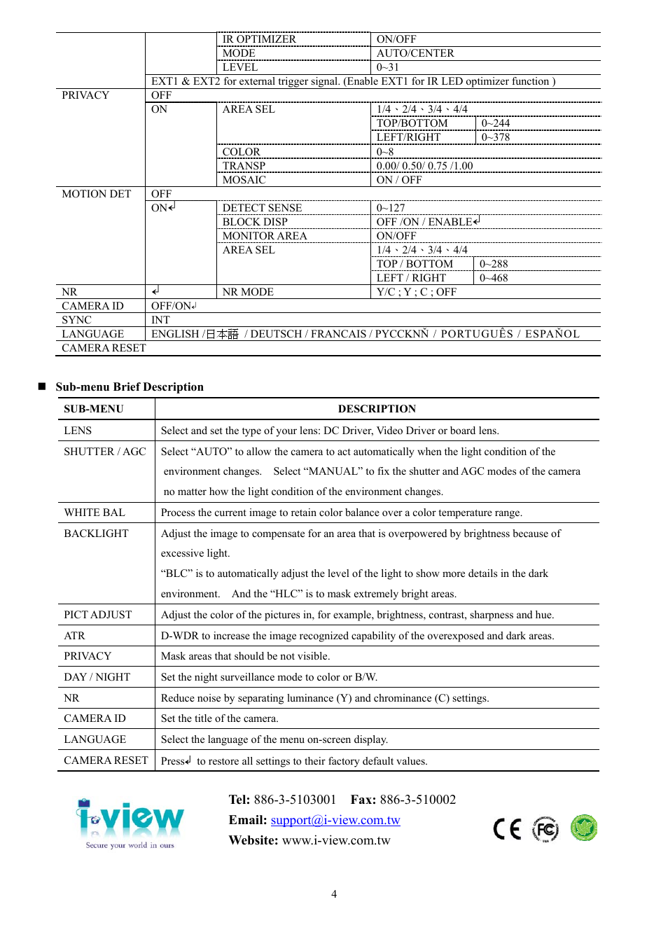 I-View IR-650636-F60 IR Bullet Waterproof UTP Camera User Manual | Page 4 / 4