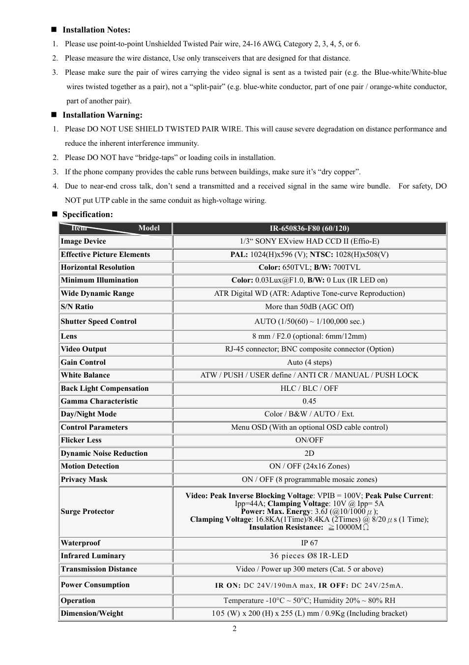 I-View IR-650836-F80 IR Bullet Waterproof UTP Camera User Manual | Page 2 / 4