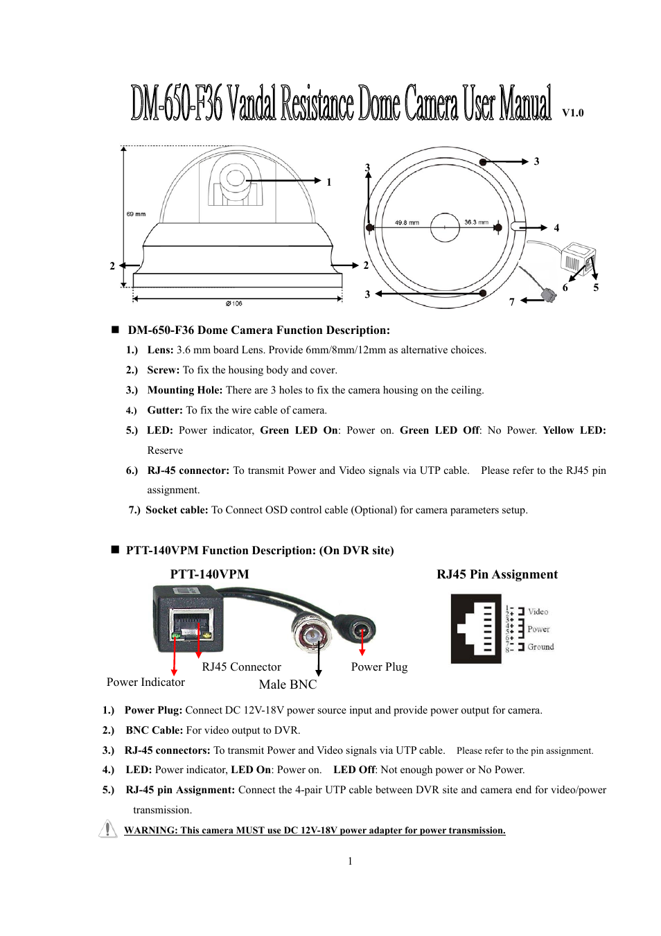 I-View DM-650-F36 Vandal Proof Dome UTP Camera User Manual | 4 pages