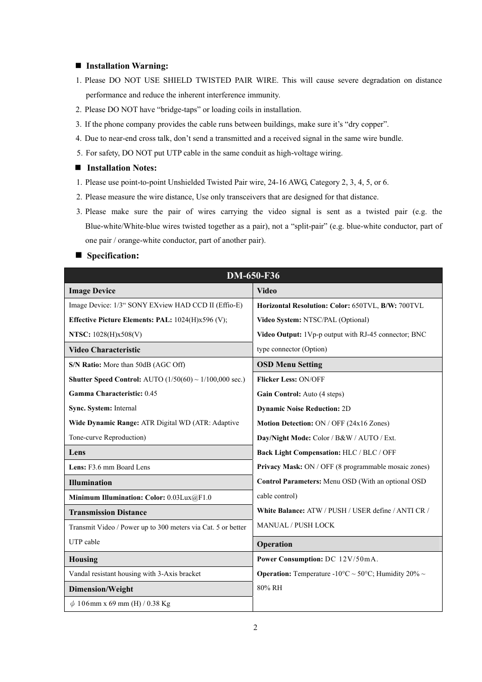 I-View DM-650-F36 Vandal Proof Dome UTP Camera User Manual | Page 2 / 4