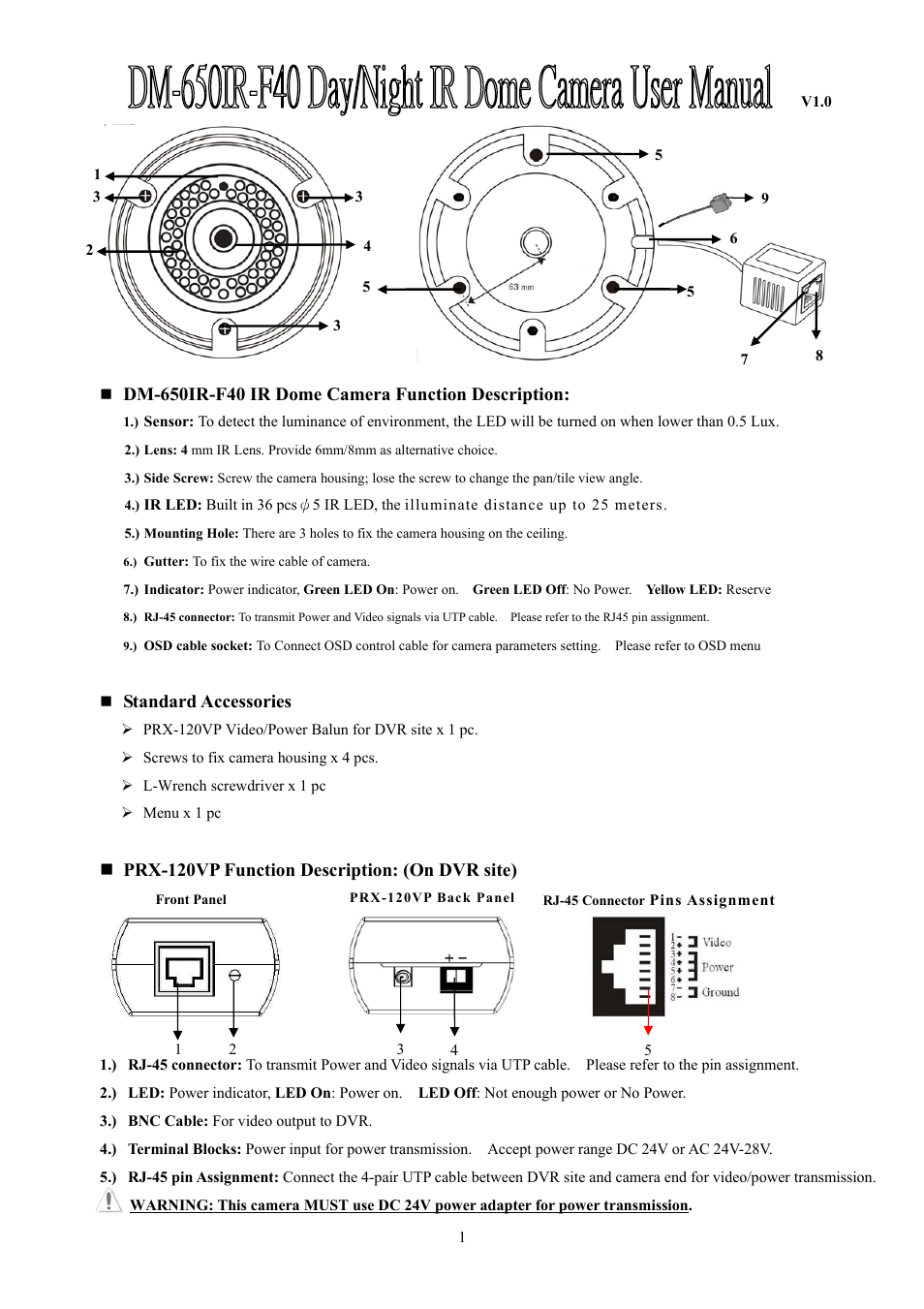 I-View DM-650IR-F40 IR Dome Waterproof UTP Camera User Manual | 4 pages
