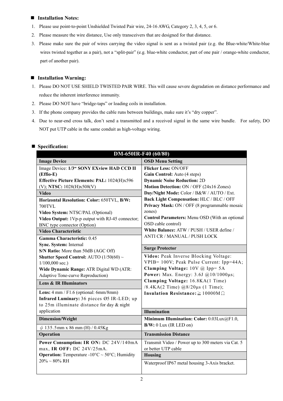 I-View DM-650IR-F40 IR Dome Waterproof UTP Camera User Manual | Page 2 / 4