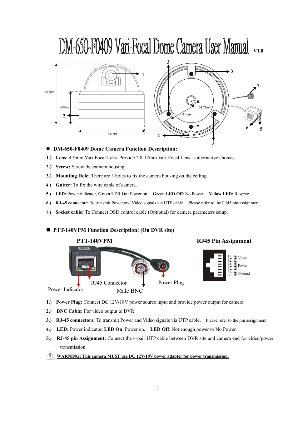I-View DM-650-F0409 Vandal Proof Dome UTP Camera User Manual | 4 pages