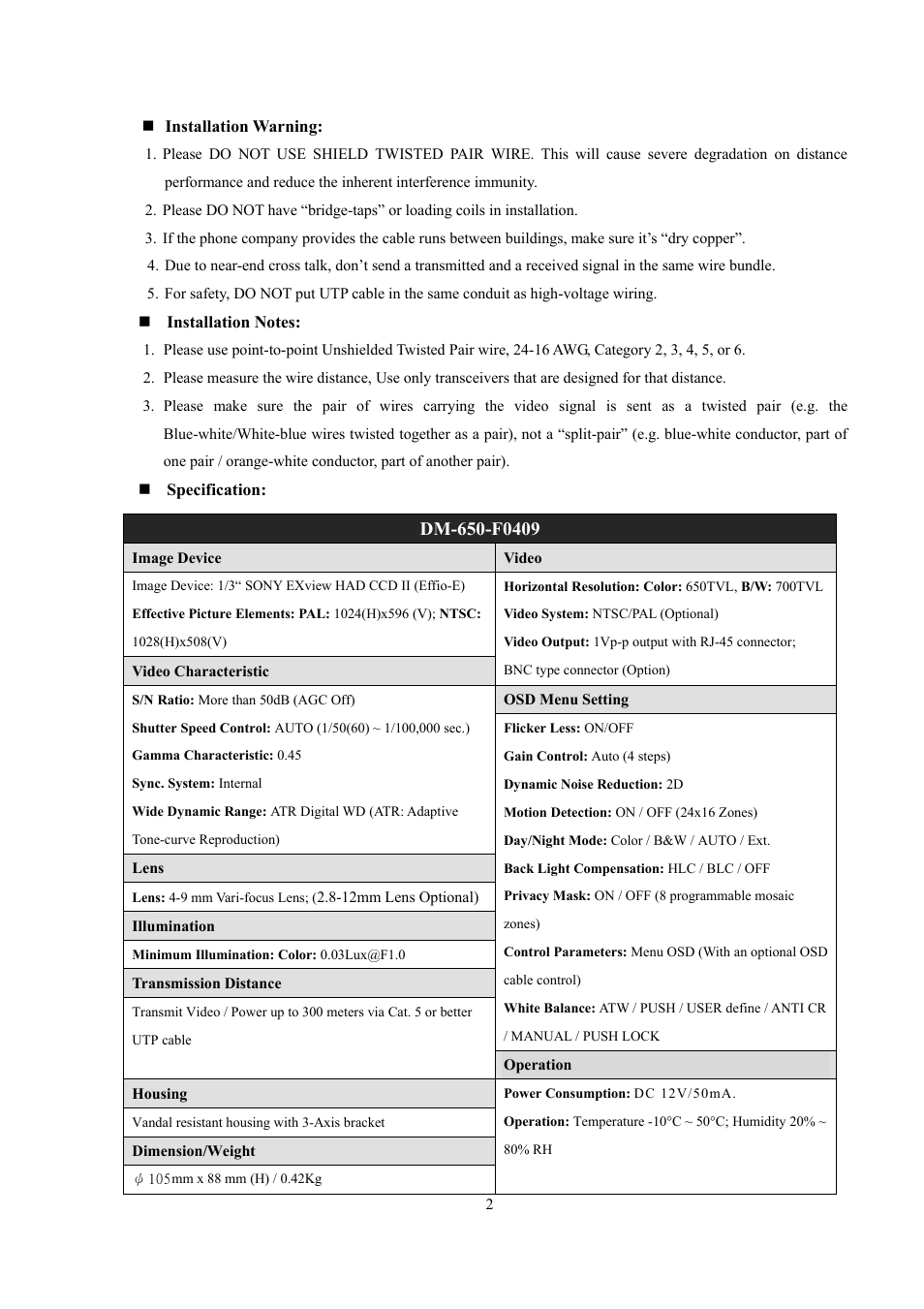 I-View DM-650-F0409 Vandal Proof Dome UTP Camera User Manual | Page 2 / 4