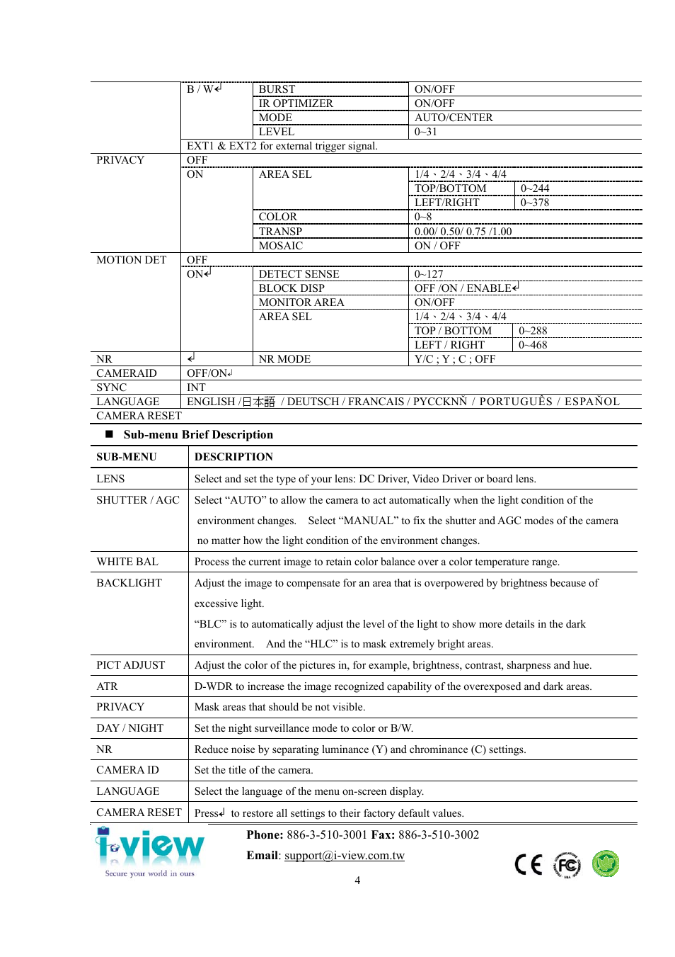 I-View DM-650-F0409 Vandal Proof Dome UTP Camera User Manual | Page 4 / 4