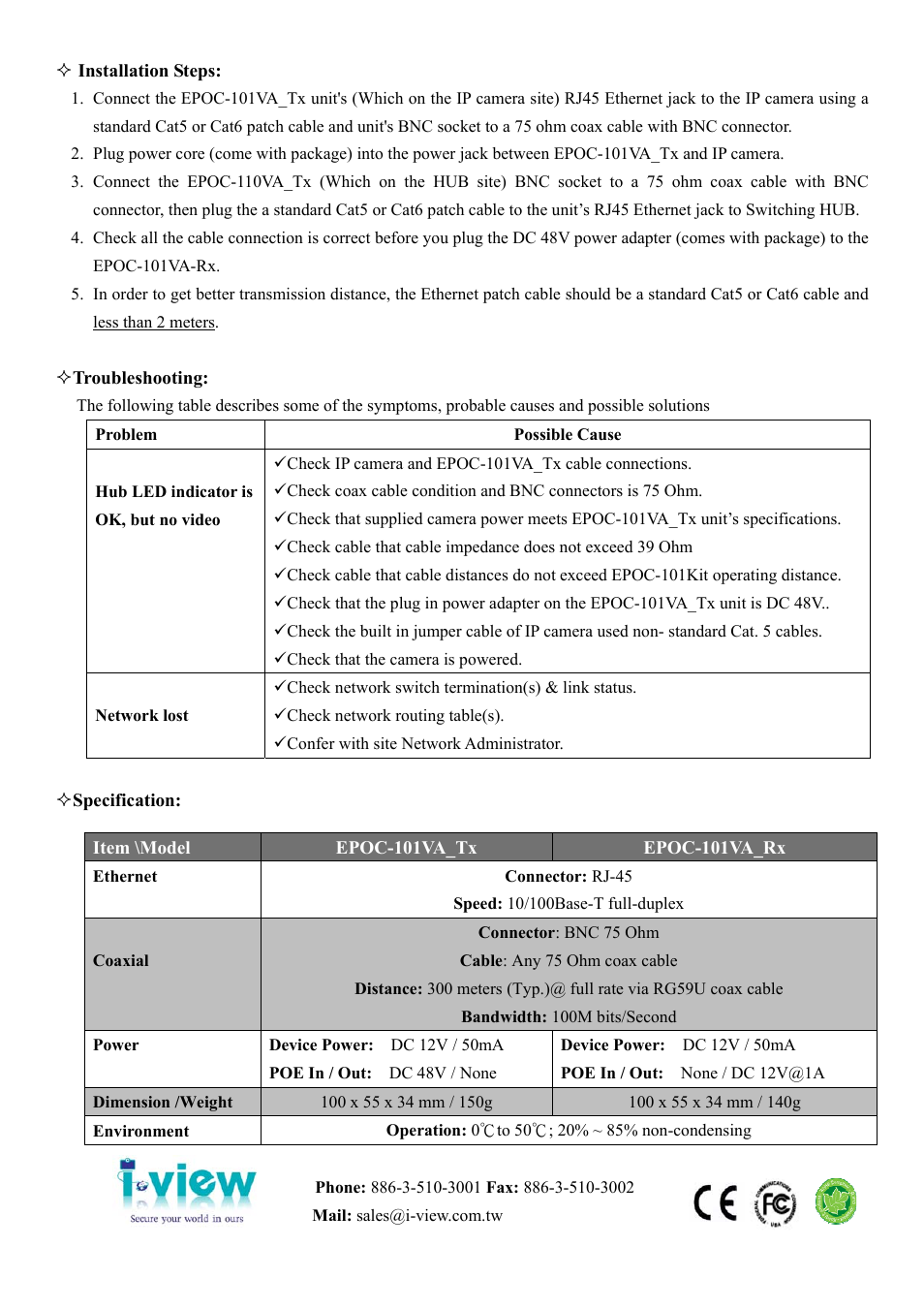 I-View Ethernet/PoE over Coax Extender User Manual | Page 2 / 2