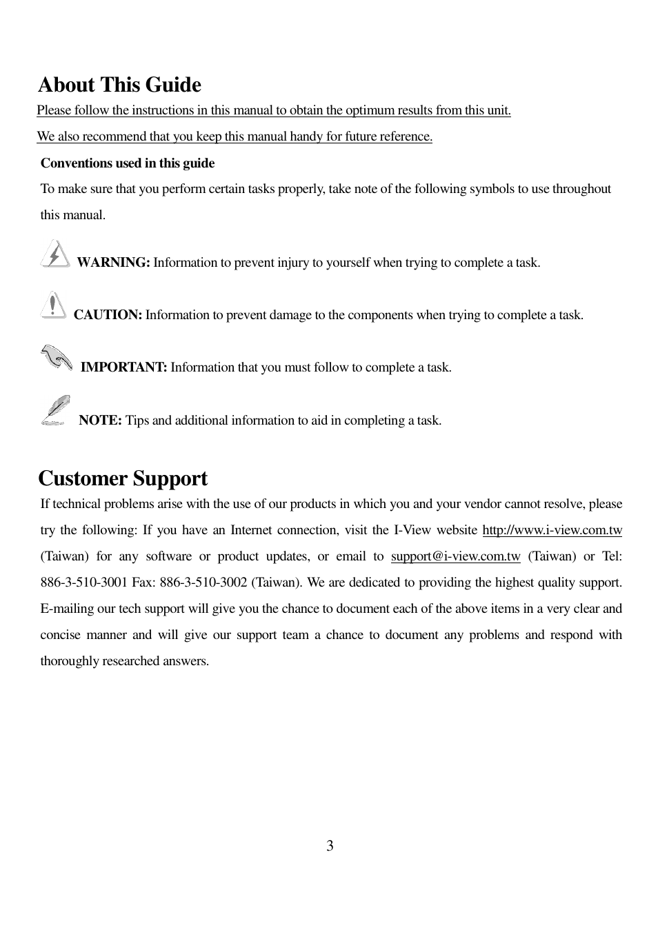 About this guide, Customer support | I-View PAC-080M Intelligent Audio Amplifier User Manual | Page 3 / 14