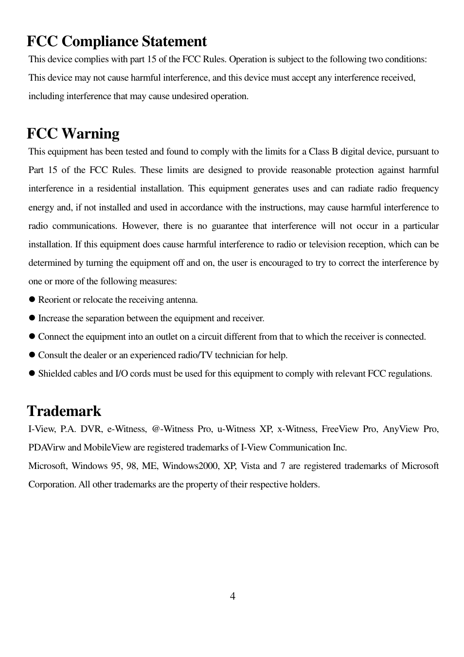 Fcc compliance statement, Fcc warning, Trademark | I-View PAC-080M Intelligent Audio Amplifier User Manual | Page 4 / 14