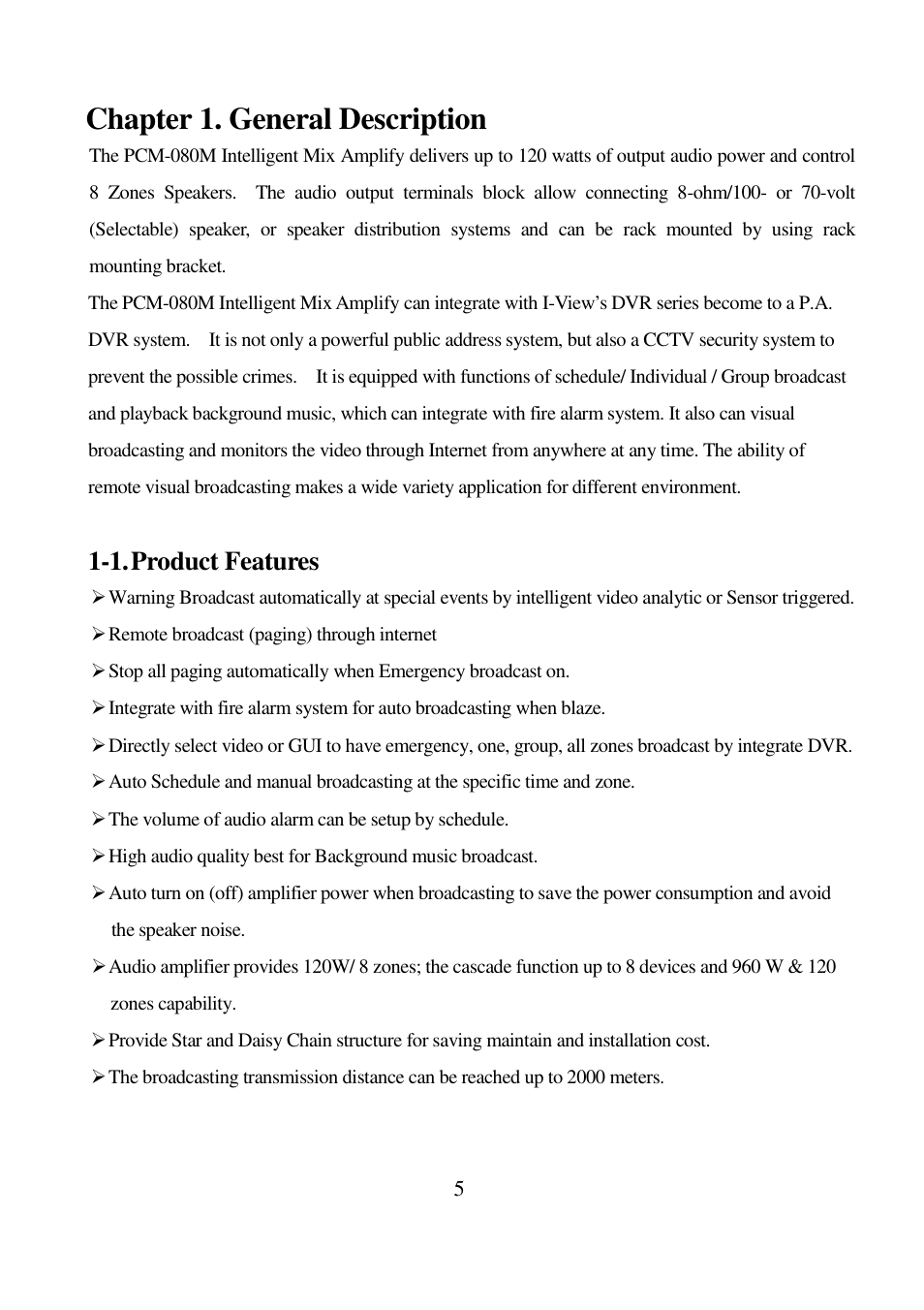 Chapter 1. general description, 1. product features | I-View PAC-080M Intelligent Audio Amplifier User Manual | Page 5 / 14