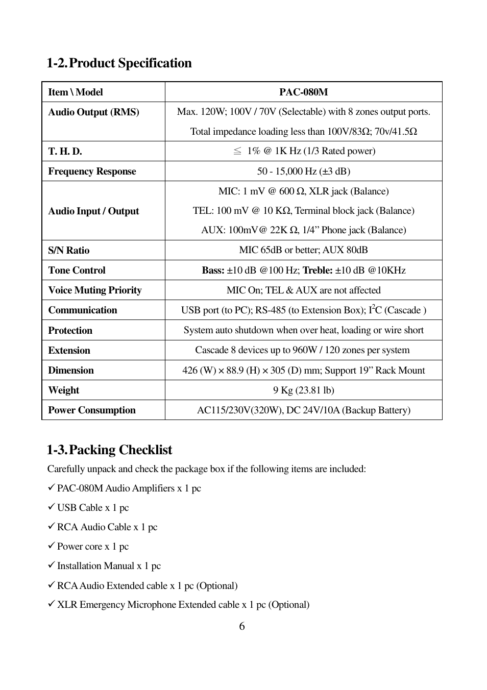 2. product specification 1-3. packing checklist | I-View PAC-080M Intelligent Audio Amplifier User Manual | Page 6 / 14