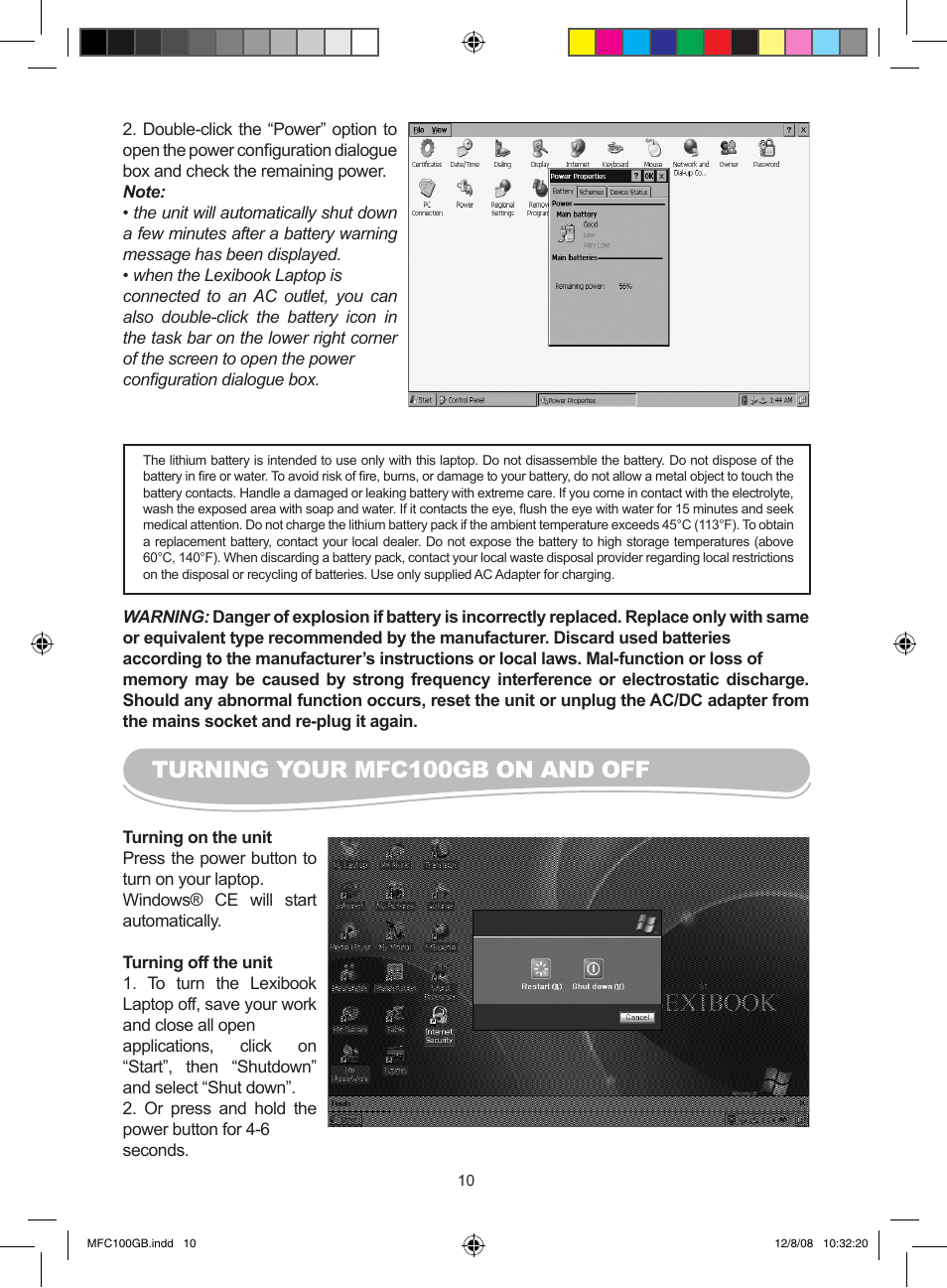 Turning your mfc100gb on and off | Lexibook MFC100GB User Manual | Page 10 / 24