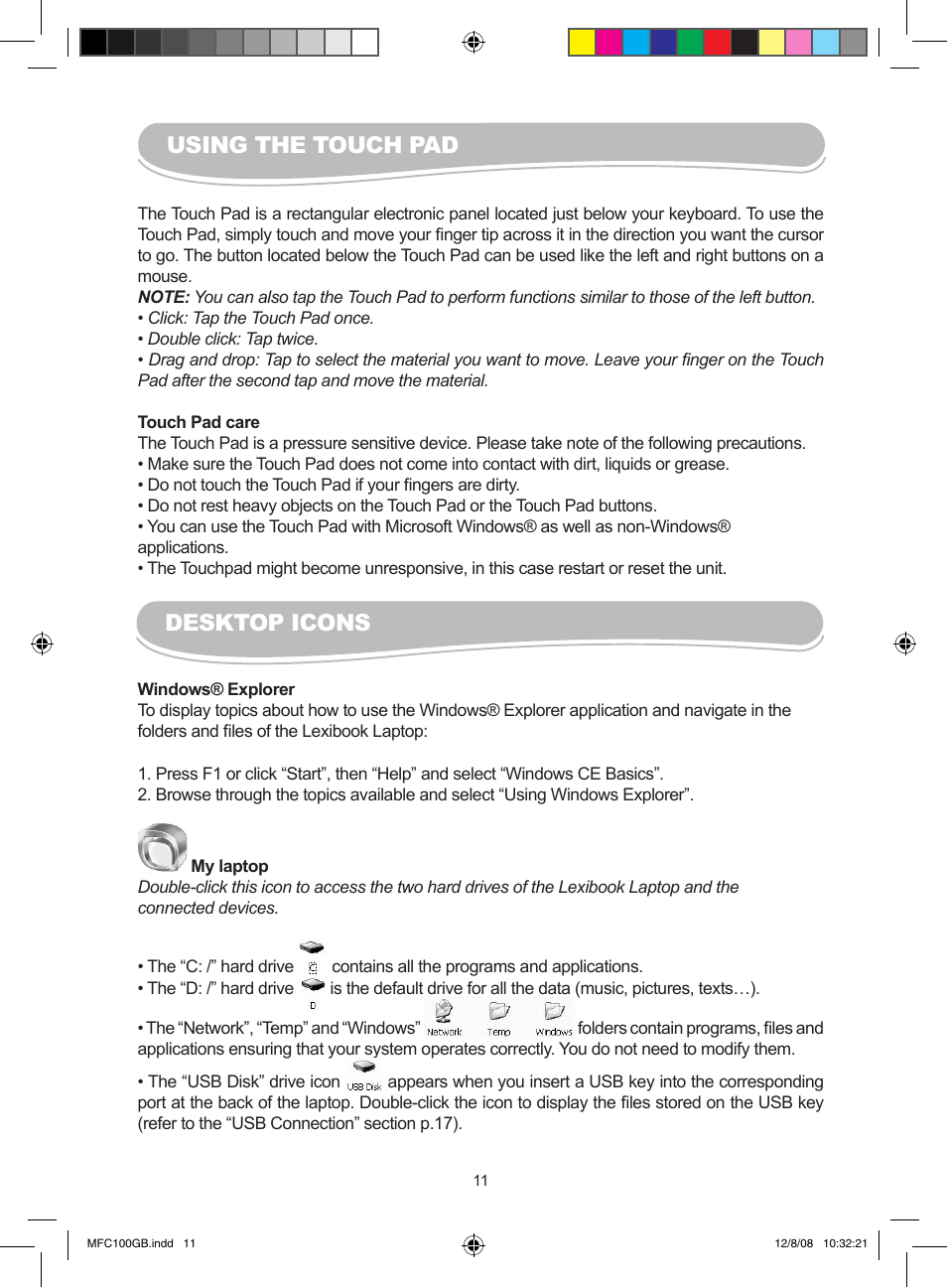 Using the touch pad, Desktop icons | Lexibook MFC100GB User Manual | Page 11 / 24