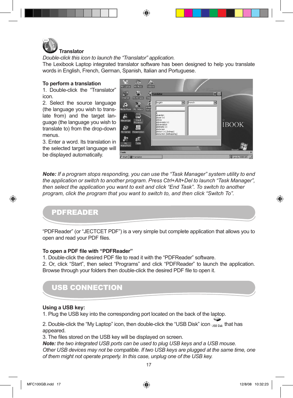 Pdfreader, Usb connection | Lexibook MFC100GB User Manual | Page 17 / 24
