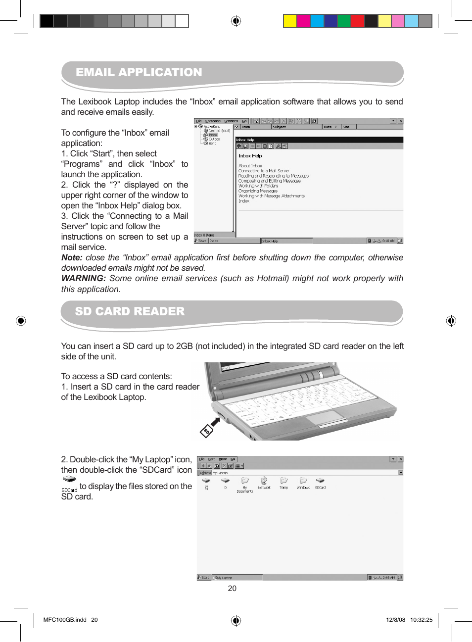 Sd card reader, Email application | Lexibook MFC100GB User Manual | Page 20 / 24