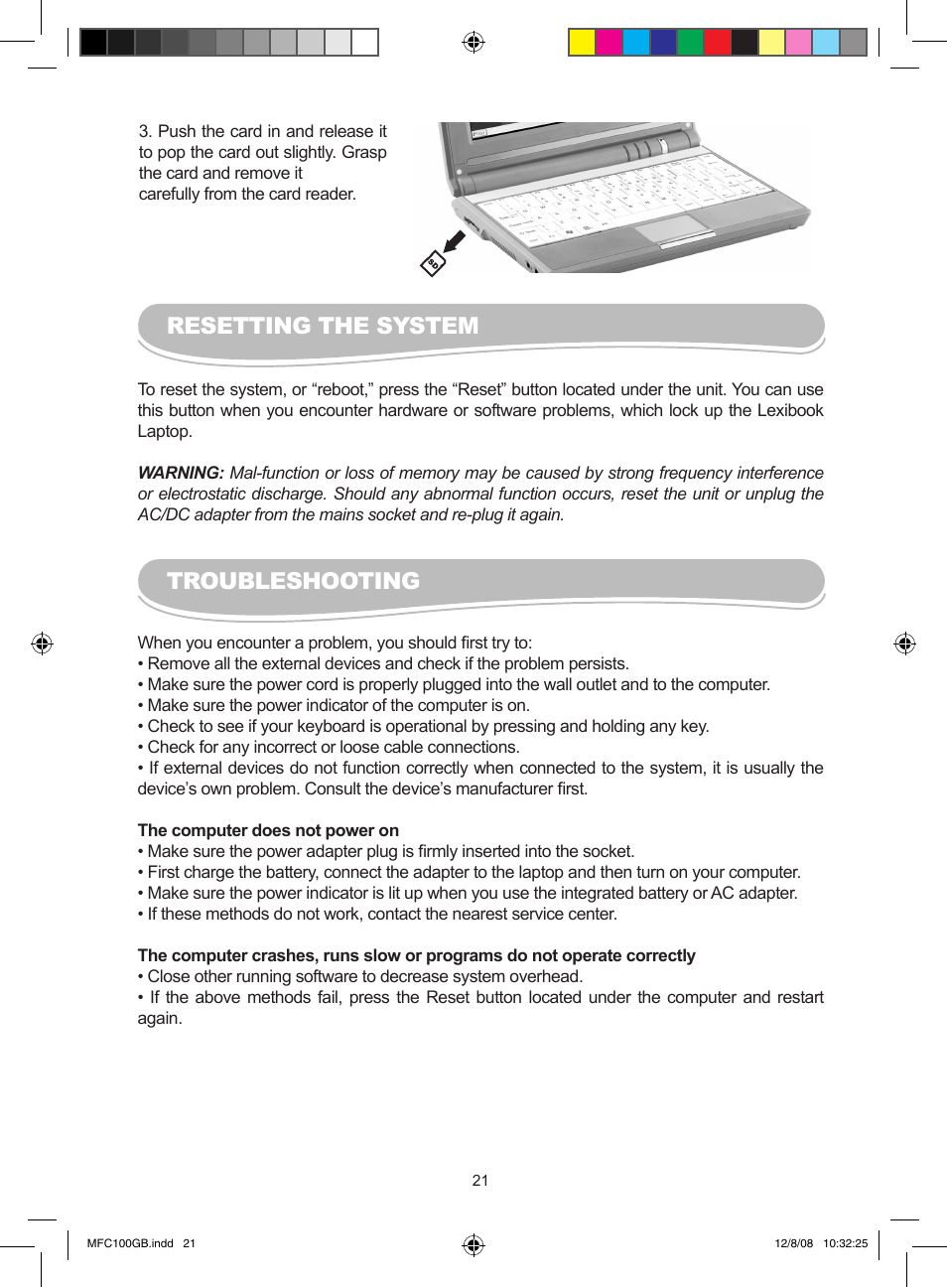 Resetting the system, Troubleshooting | Lexibook MFC100GB User Manual | Page 21 / 24