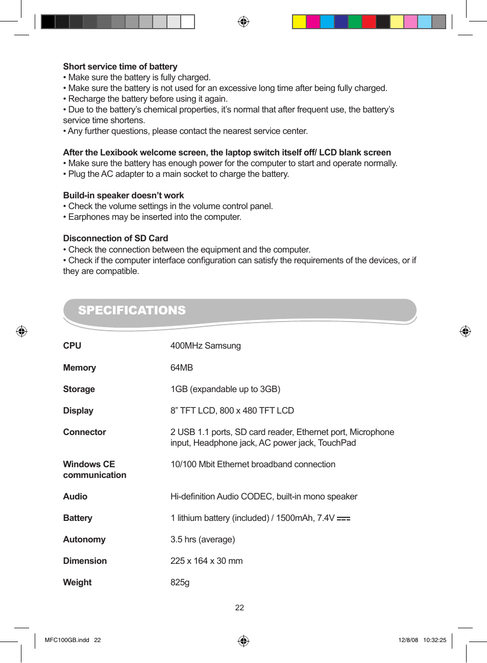 Specifications | Lexibook MFC100GB User Manual | Page 22 / 24
