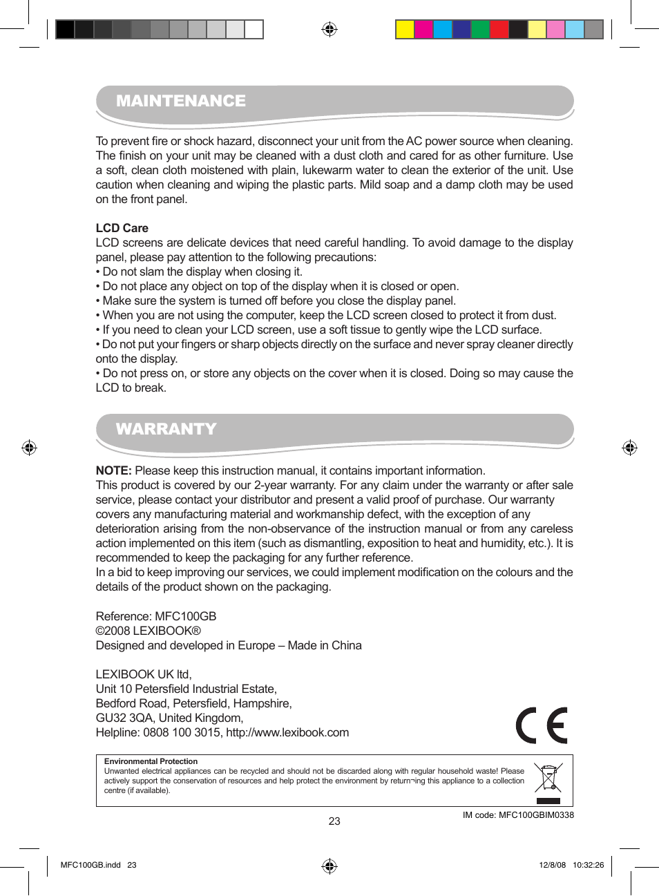 Warranty, Maintenance | Lexibook MFC100GB User Manual | Page 23 / 24