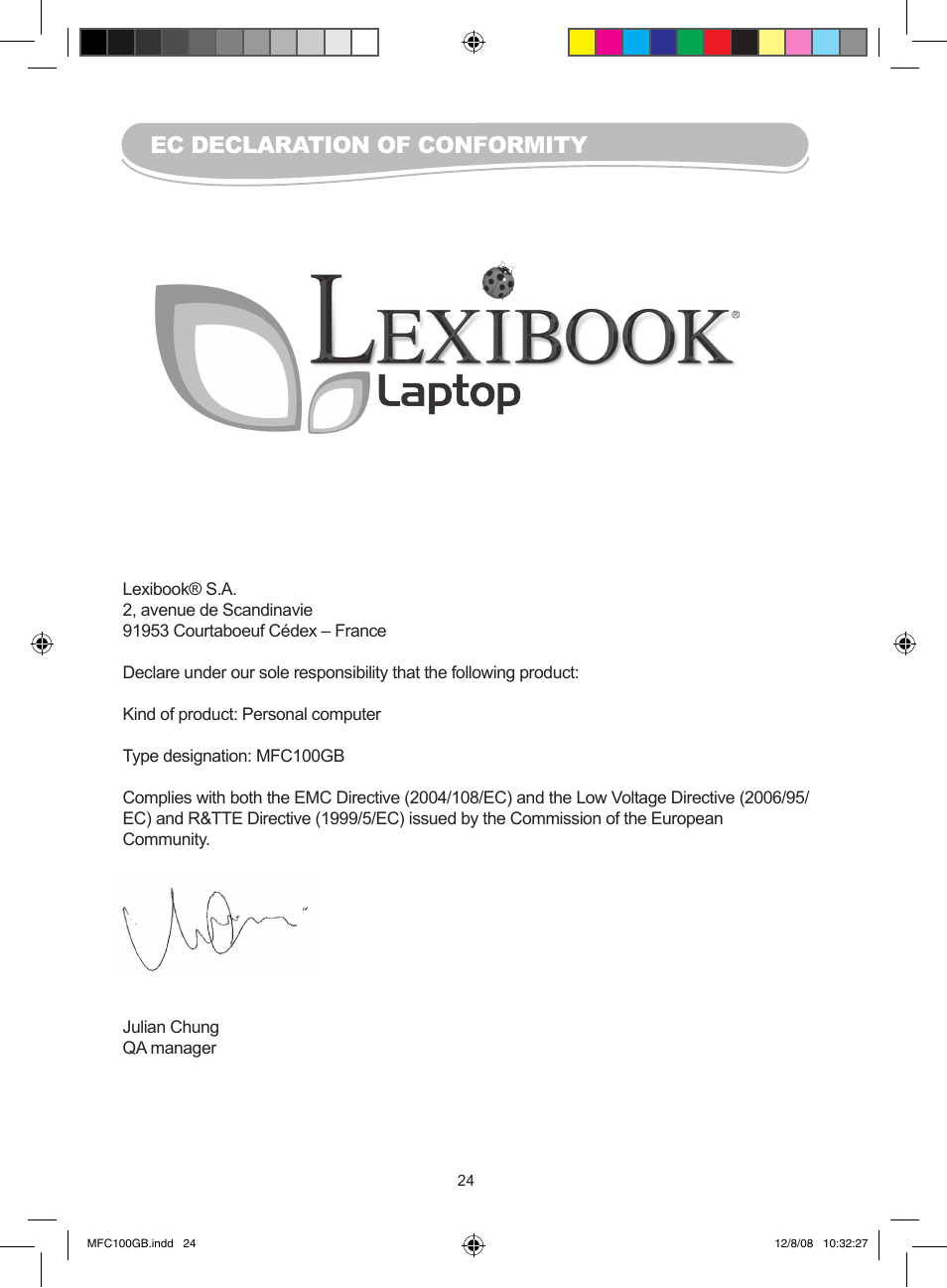 Ec declaration of conformity | Lexibook MFC100GB User Manual | Page 24 / 24