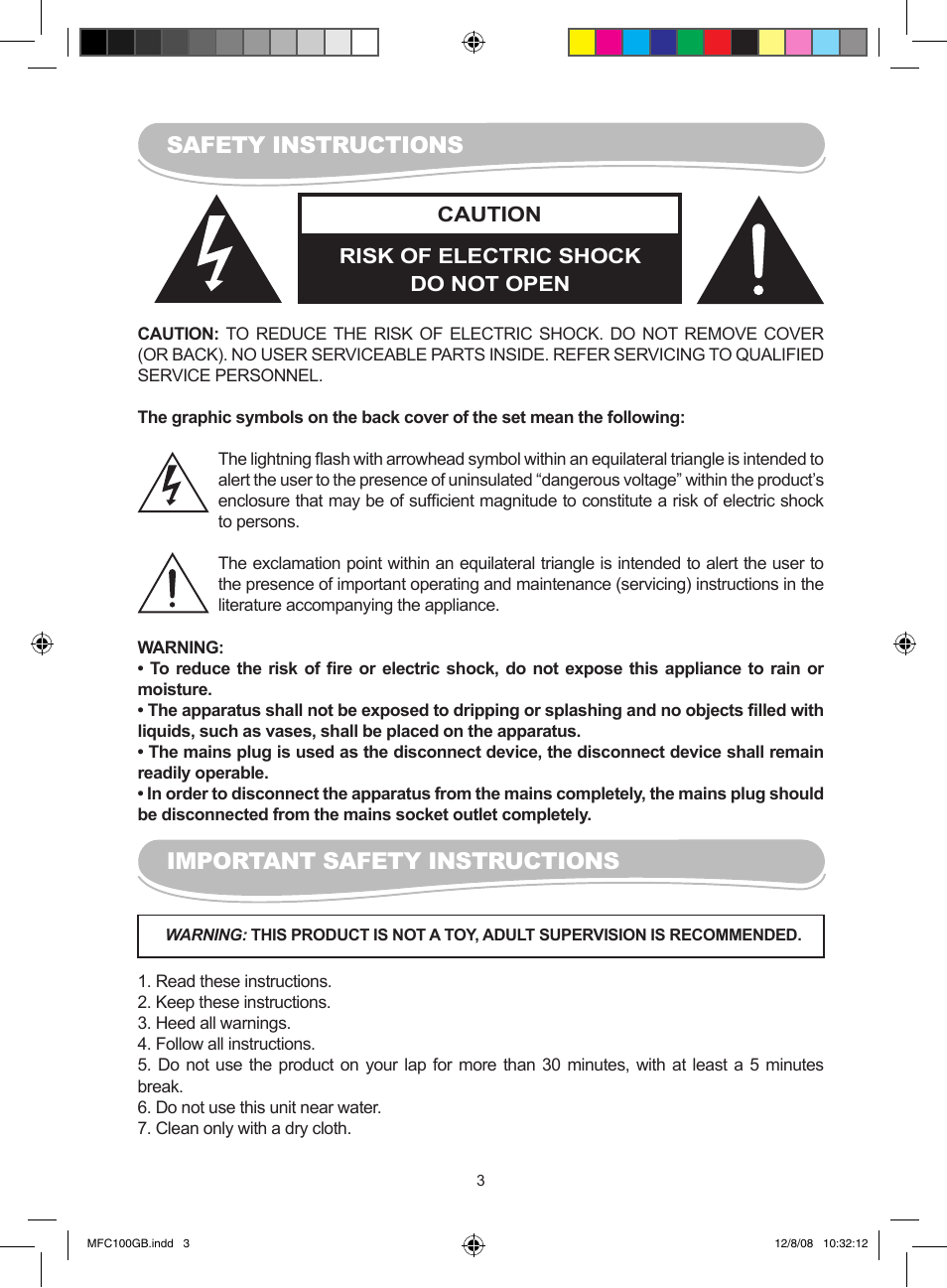 Safety instructions, Important safety instructions, Risk of electric shock do not open caution | Lexibook MFC100GB User Manual | Page 3 / 24