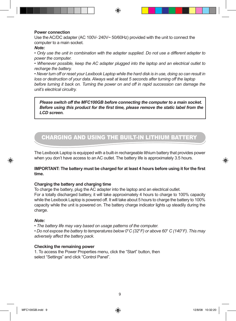 Charging and using the built-in lithium battery | Lexibook MFC100GB User Manual | Page 9 / 24