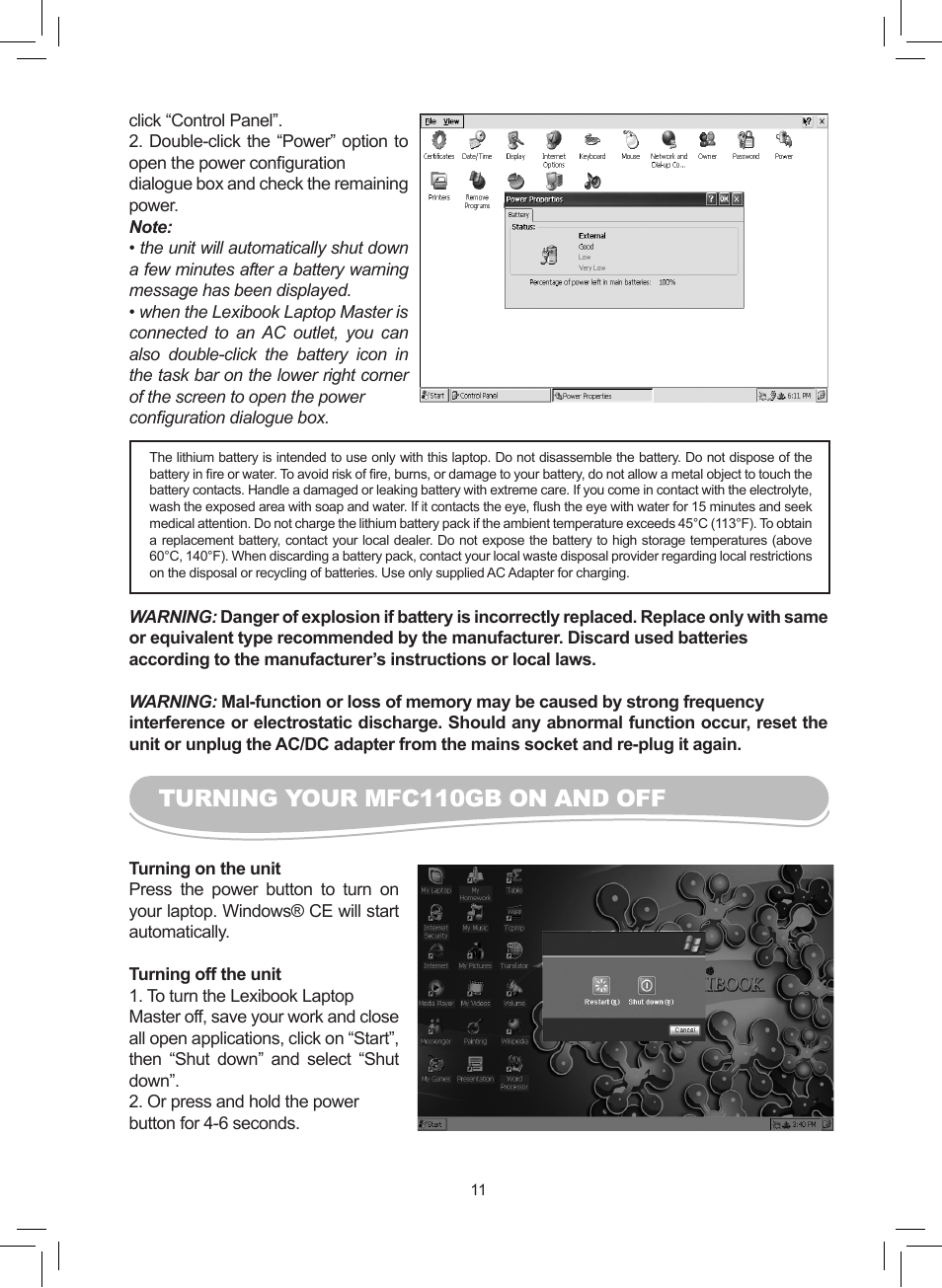 Turning your mfc110gb on and off | Lexibook MFC110GB User Manual | Page 11 / 27