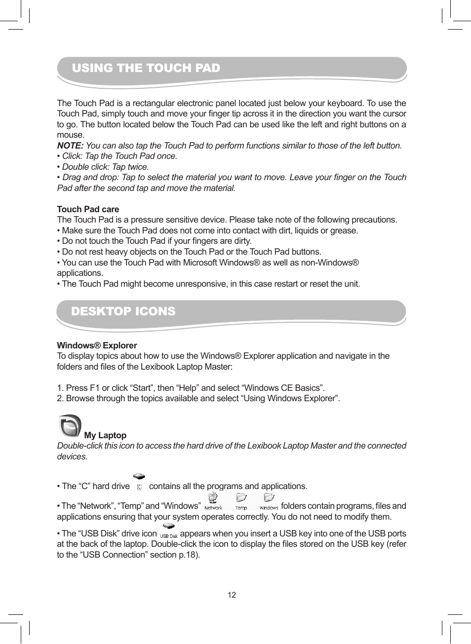 Using the touch pad, Desktop icons | Lexibook MFC110GB User Manual | Page 12 / 27