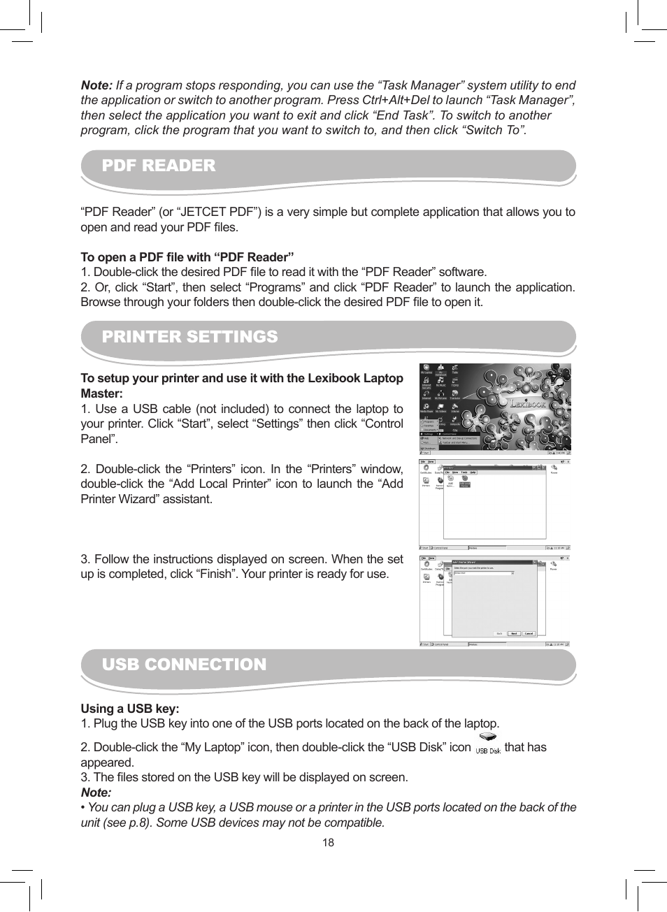 Pdf reader, Usb connection, Printer settings | Lexibook MFC110GB User Manual | Page 18 / 27