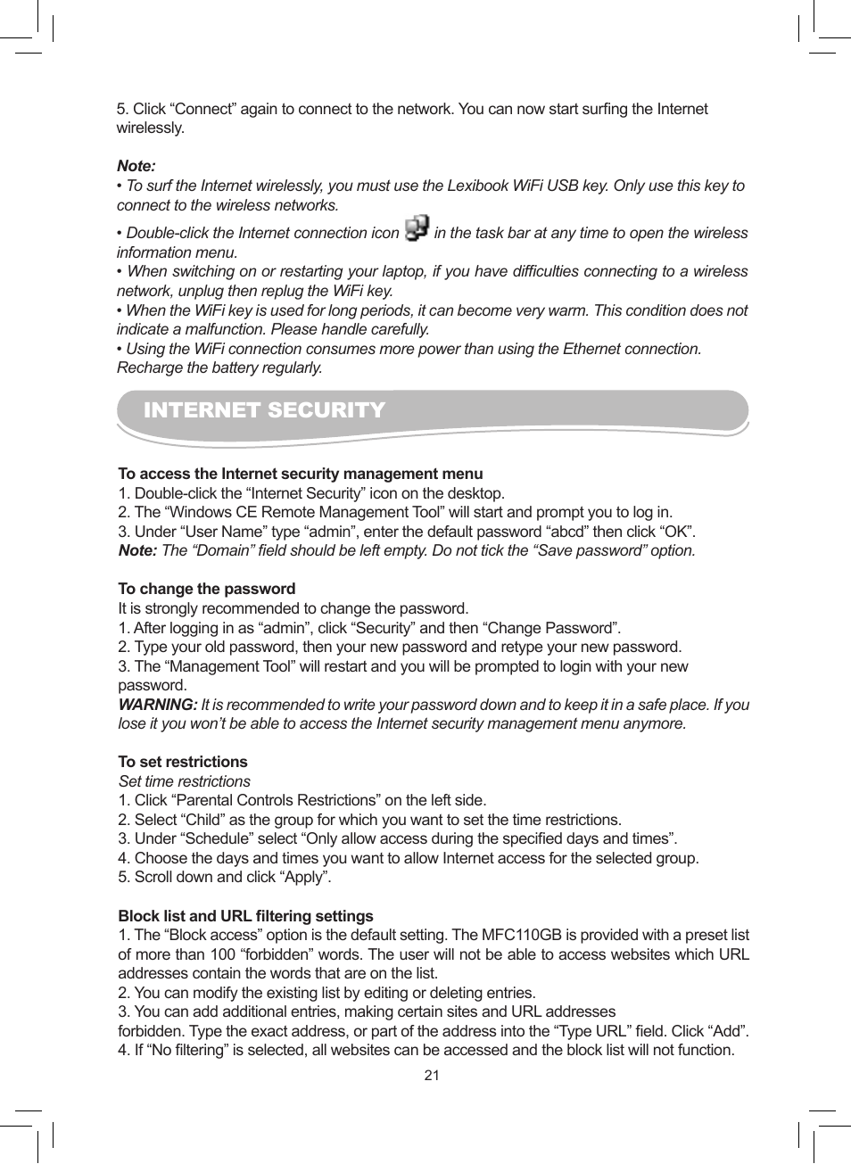 Internet security | Lexibook MFC110GB User Manual | Page 21 / 27
