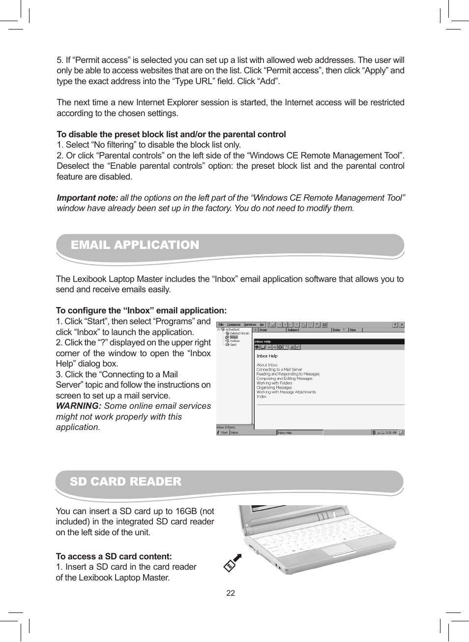 Sd card reader, Email application | Lexibook MFC110GB User Manual | Page 22 / 27