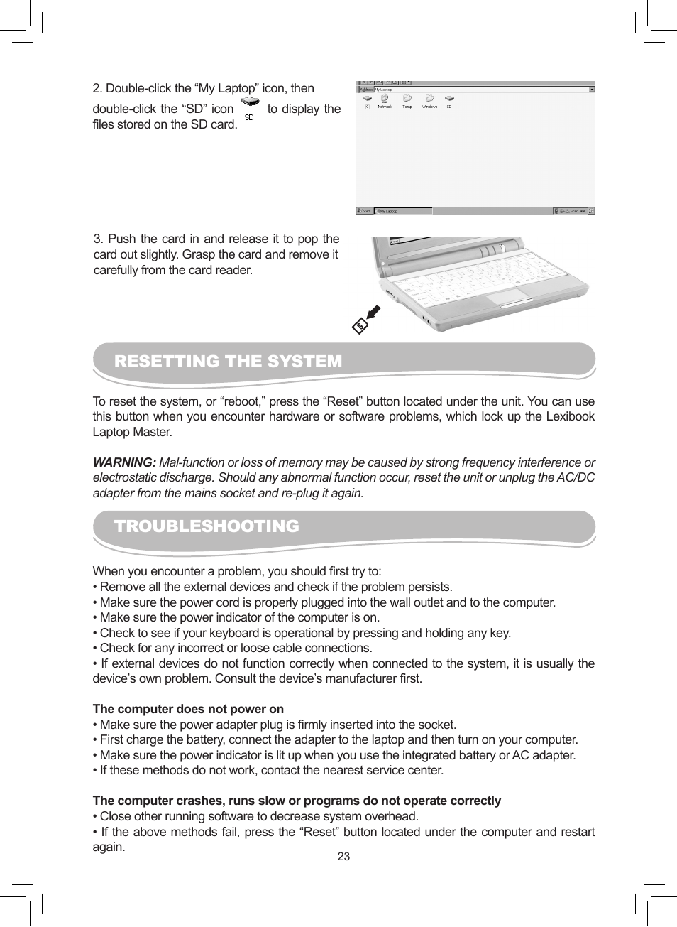 Resetting the system, Troubleshooting | Lexibook MFC110GB User Manual | Page 23 / 27