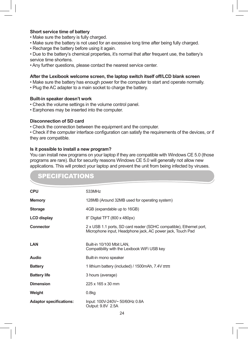 Specifications | Lexibook MFC110GB User Manual | Page 24 / 27