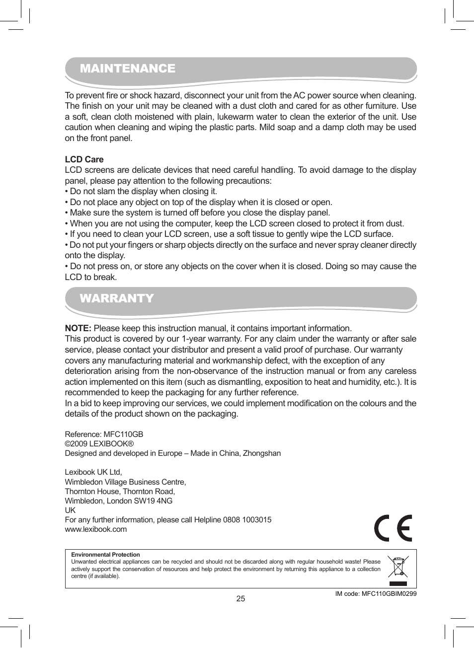 Warranty, Maintenance | Lexibook MFC110GB User Manual | Page 25 / 27