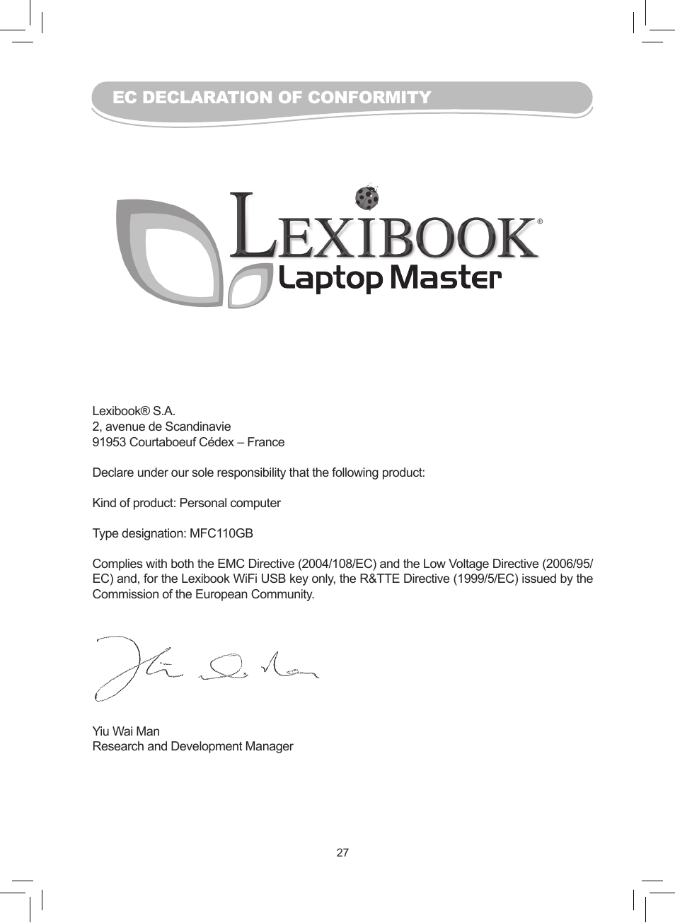 Ec declaration of conformity | Lexibook MFC110GB User Manual | Page 27 / 27